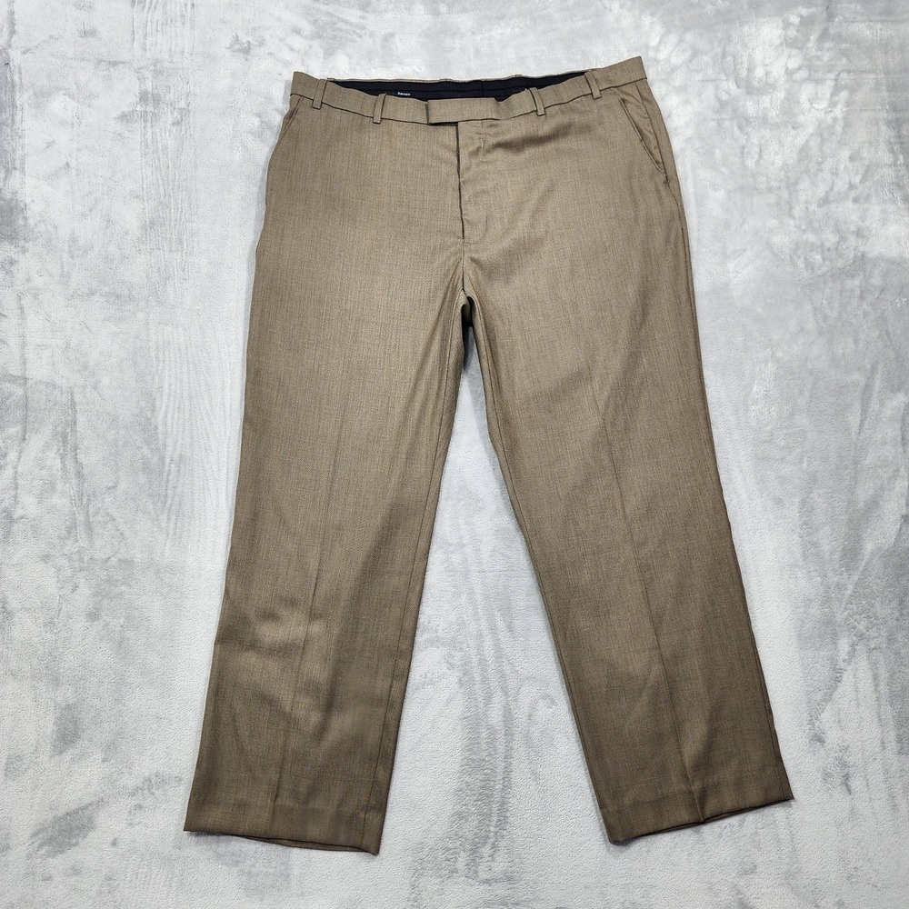 Perry Ellis Portfolio Pants Mens 42x30 Beige Classic Dress Flat Front Folio Flex